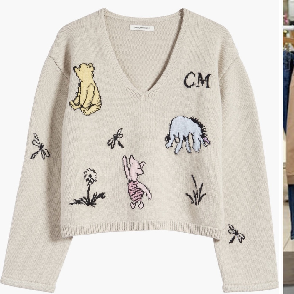Cream V-Neck Sweater with Winnie the Pooh Motifs